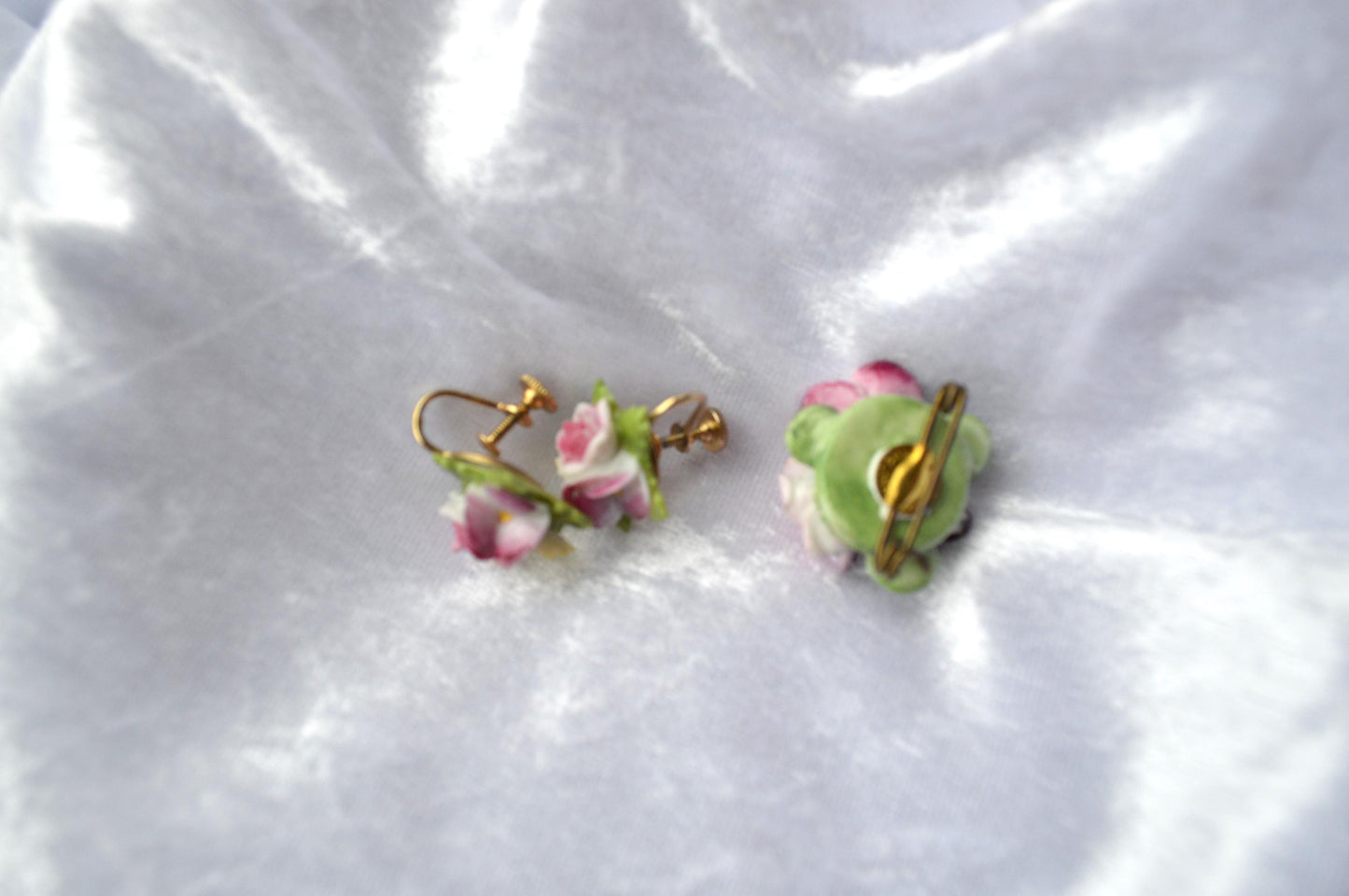 Vintage 1950s English Bone China Floral Brooch Earrings Set, Unsigned Pansy Rose