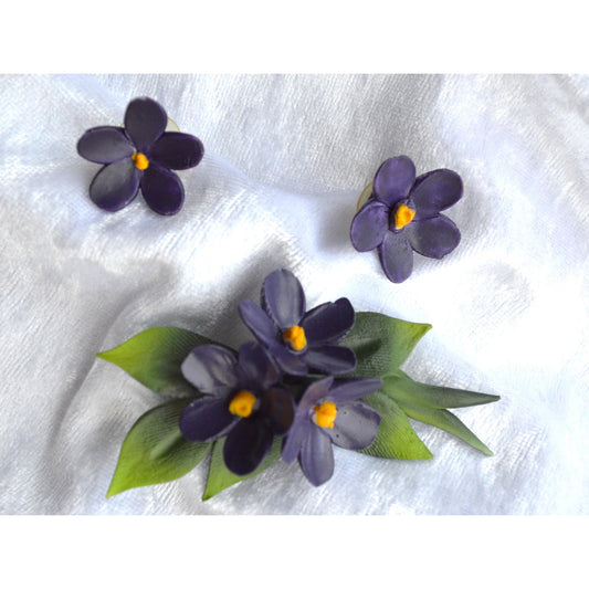 Vintage Violet Belfiore Collection Porcelain Brooch and Earring Set