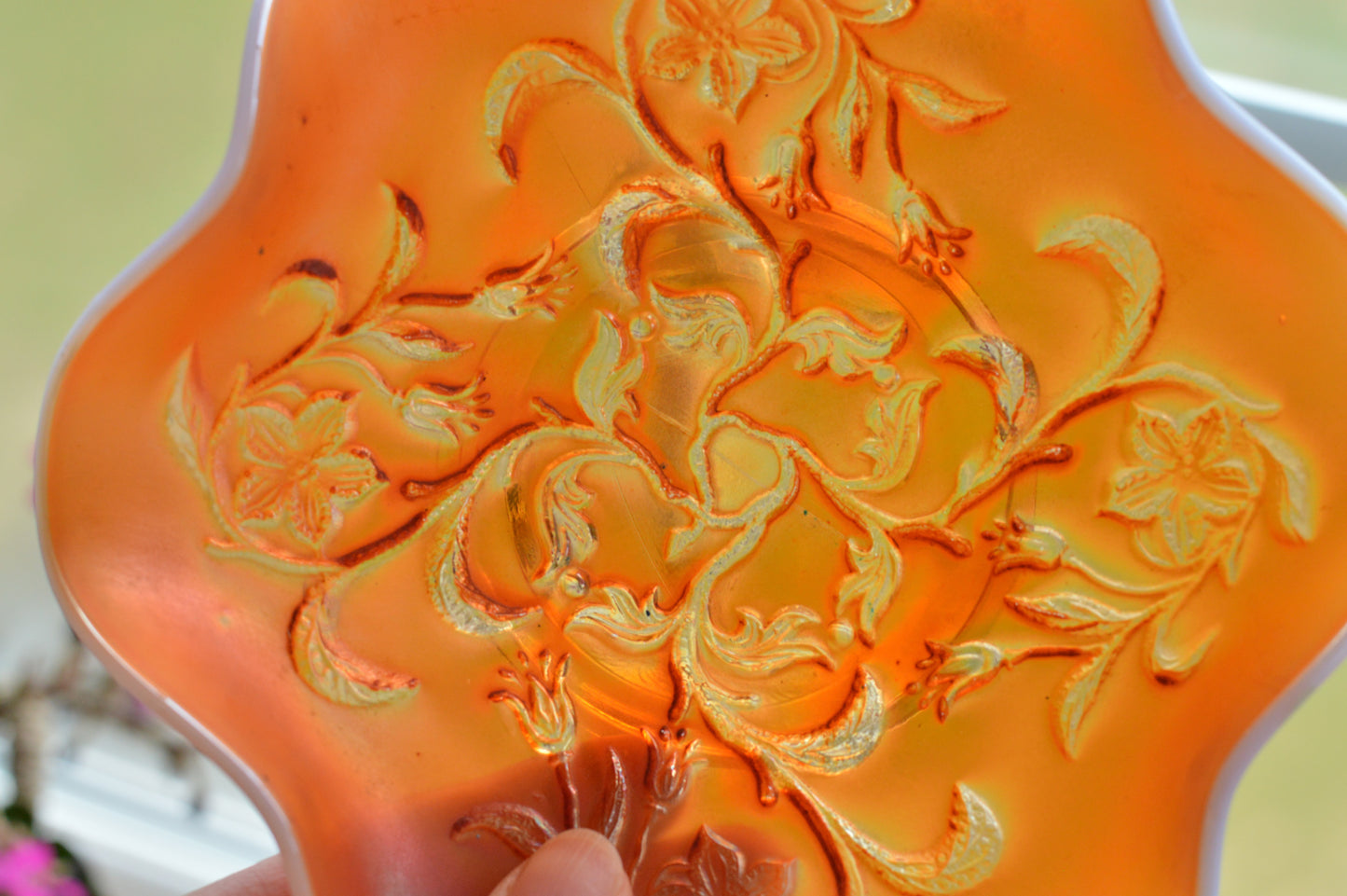 Antique Fenton Marigold Carnival Glass Orange Tree Bowl - Iridescent Ruffled Edge Fruit Bowl - Circa 1910-1920s Early American Art Glass
