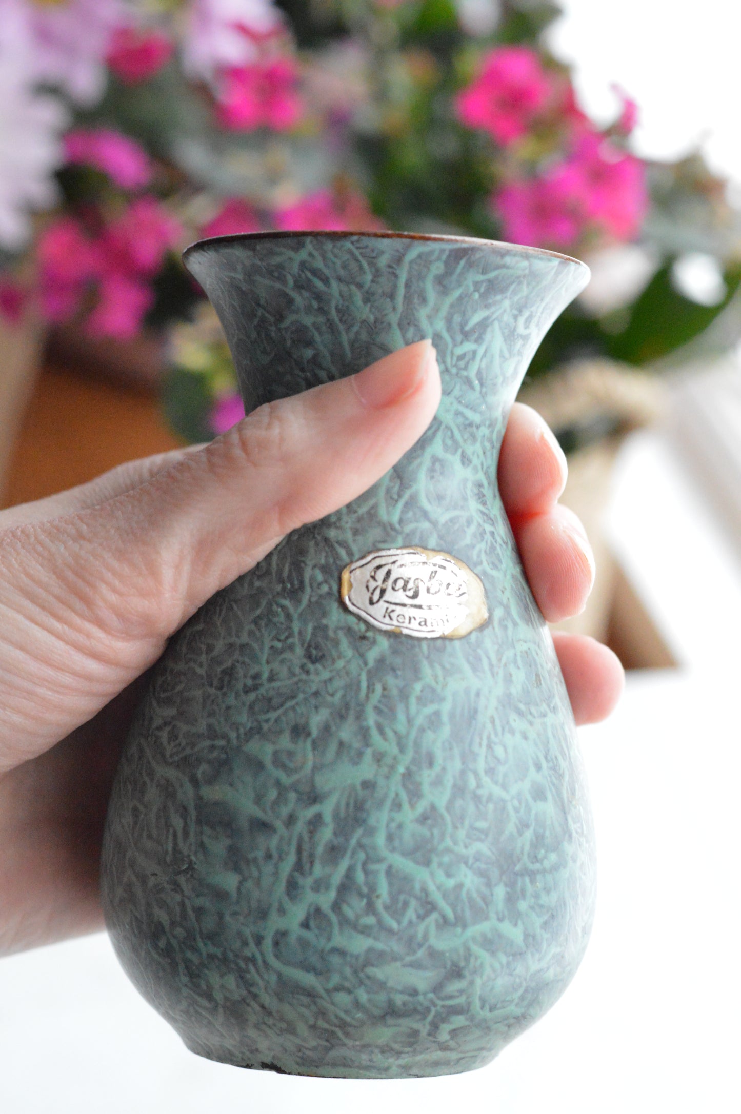Vintage Jasba Keramik Jaspatina Vase - 1960s Mid Century Modern West Germany Pottery - Textured Turquoise & Gold Marbled Glaze - Rare MCM Collectible