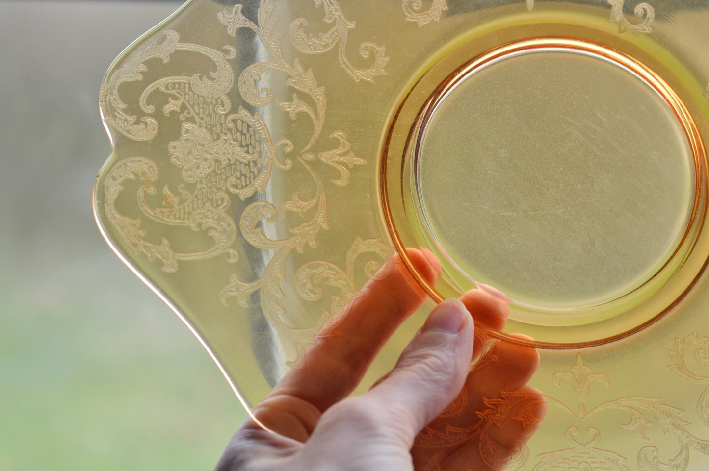 Antique Cambridge Amber Glass "Cleo" Etched Serving Tray - 1930s Depression Glass