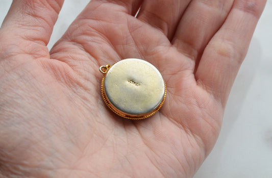 Vintage Italian Micro Mosaic Floral Pendant Charm, Gold Tone Round Micromosaic Medallion, Blue & Yellow Flower, Rope Edge, Retro Boho Necklace Pendant