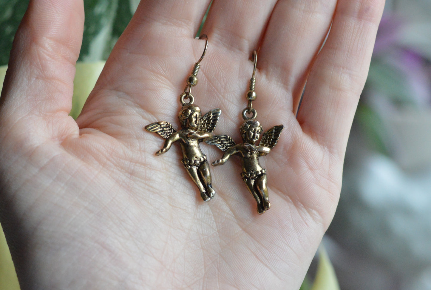 Vintage Cherub Angel Earrings • © BR Barbieri & Rigamonti • Winged Putti Dangle Earrings • Antique Gold Tone Baroque Revival Jewelry