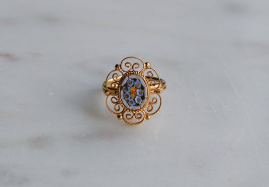 Vintage Micro Mosaic Floral Ring • Gold Filigree Open Band • Italian Style Millefiori Jewelry • Boho Floral Statement Ring