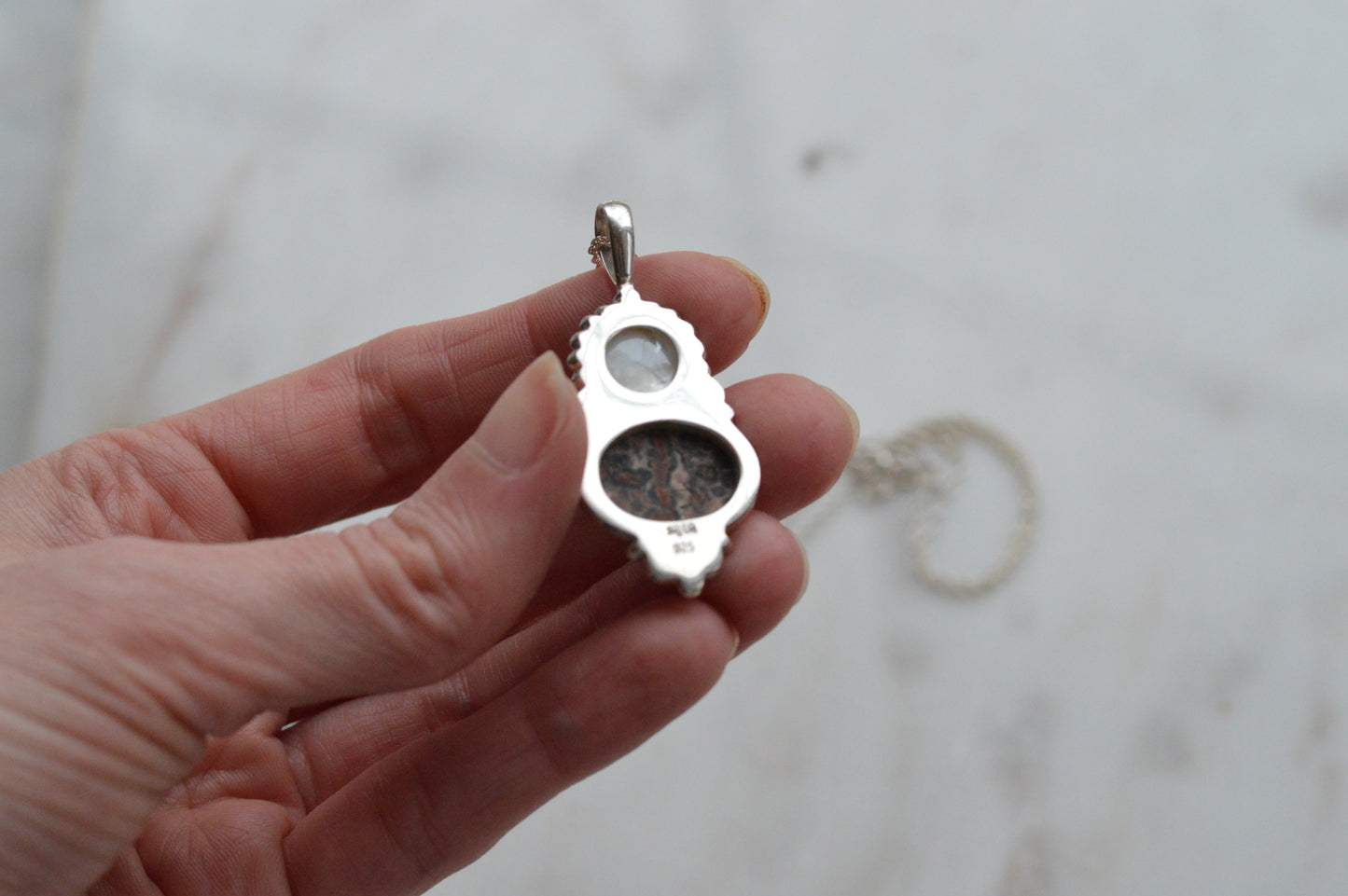 Vintage Sajen Sterling Silver Pendant Necklace, Leopard Skin Jasper & Mother of Pearl, Balinese Artisan Jewelry, Signed Sajen 925