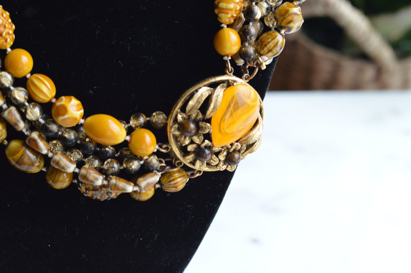 Signed Selini Vintage 6-Strand Statement Necklace - Mid Century Chunky Beaded Jewelry - Butterscotch & Amber Tones