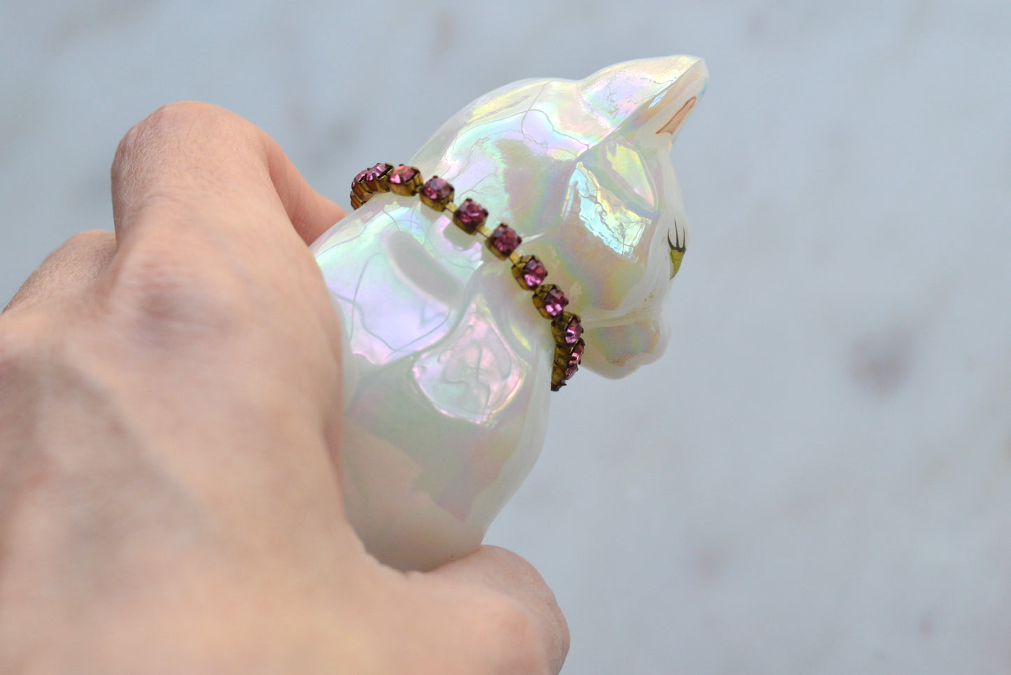 Signed Fenton Iridescent White Opal Satin Cat - Hand Painted by Terry Watson - Artist Signed Fenton Glass Kitty - Pink Rhinestone Collar - Vintage Art Glass