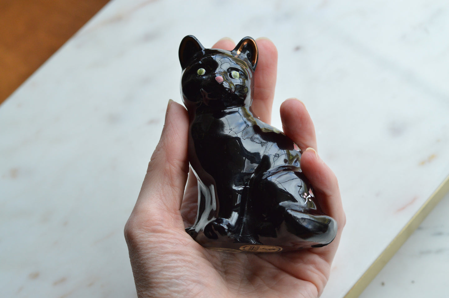 Vintage Fenton Black Cat Figurine – "Black Copper Rose" Pattern, Hand-Painted & Signed by J. Marr, Original Labels