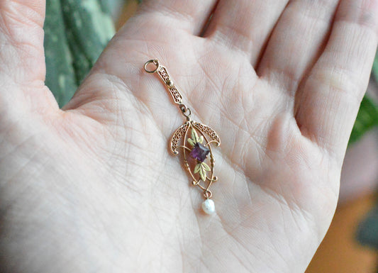 Antique Edwardian 10K Gold Lavalier Pendant - Amethyst & Seed Pearl Filigree - Art Nouveau Openwork Drop Necklace - Circa 1910 Fine Jewelry
