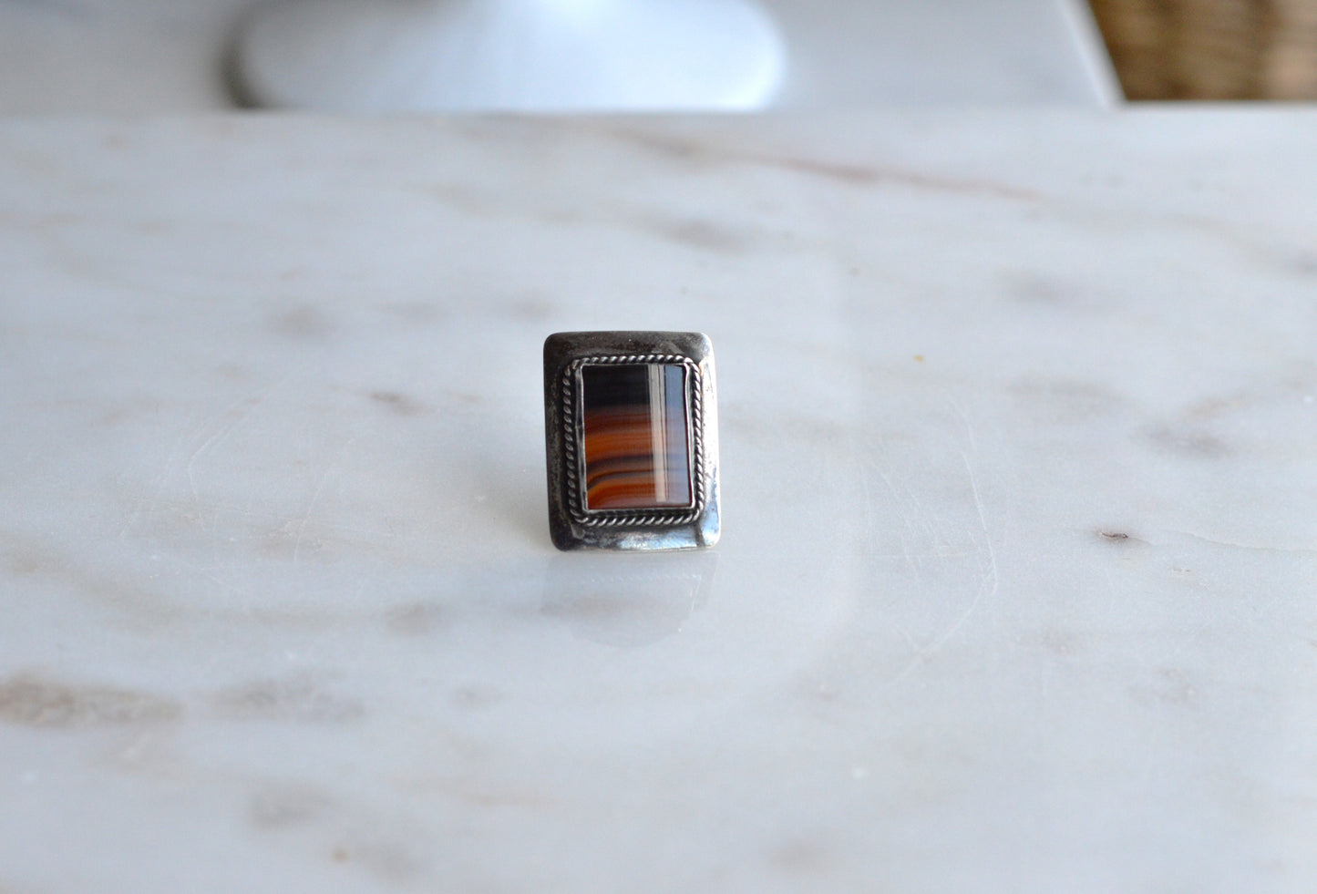 Vintage 1940s Handmade Sterling Silver Banded Agate Tie Tack Pin - Mid Century Artisan Southwestern Lapel Pin