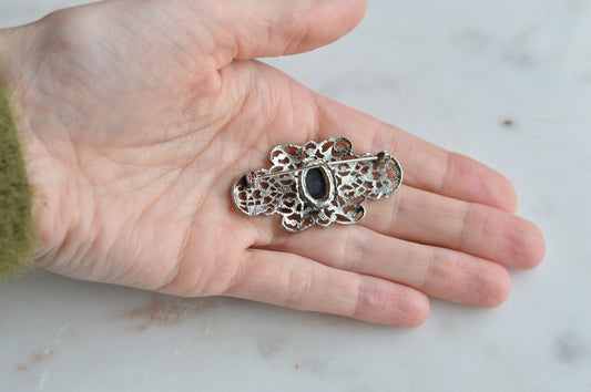 Vintage Silver Tone Filigree Cameo Brooch - Black & White Portrait Pin - Scrolled Openwork Victorian Revival - Mid-Century Romantic Costume Jewelry