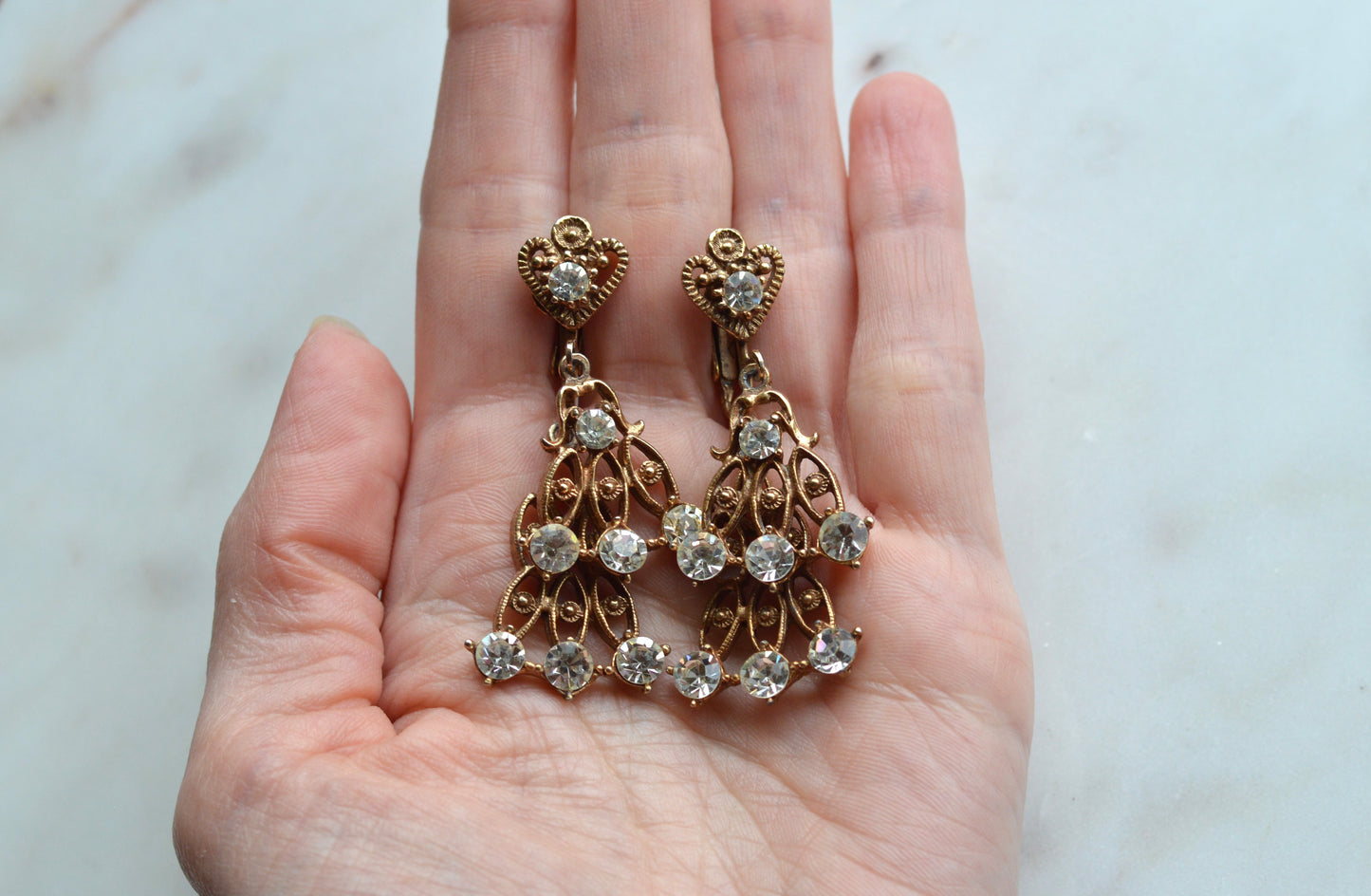 Vintage Rose Gold Tone Rhinestone Chandelier Earrings, Heart Top Filigree Drops, Clear Crystal Dangle Earrings, Romantic