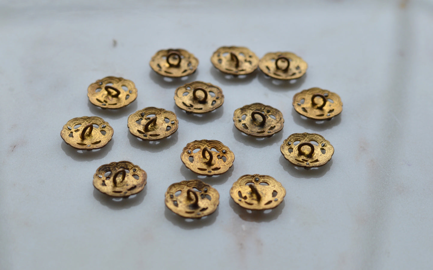 Set of 14 Antique Victorian Enamel Buttons – Cobalt Blue & Pink Rose Floral, Cut Steel Accents, French Pierced Brass
