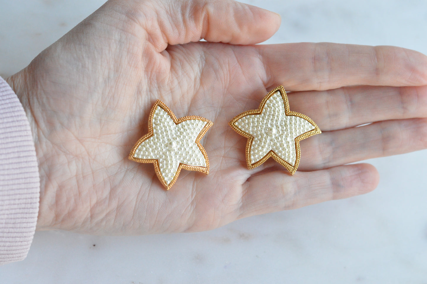 Vintage Star Earrings • Faux Pearl Beaded Stars with Gold Trim • Statement Studs • 80s Costume Jewelry • Retro Glam Gift for Her