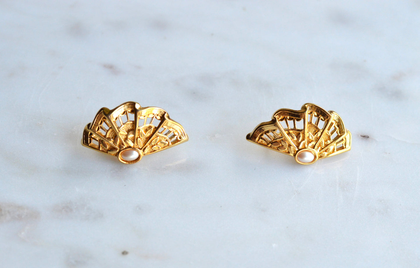 Vintage Avon "Moonlight Lace" Clip-On Earrings - Gold Tone Filigree Fan with Faux Pearl - 1980s Victorian Revival Jewelry