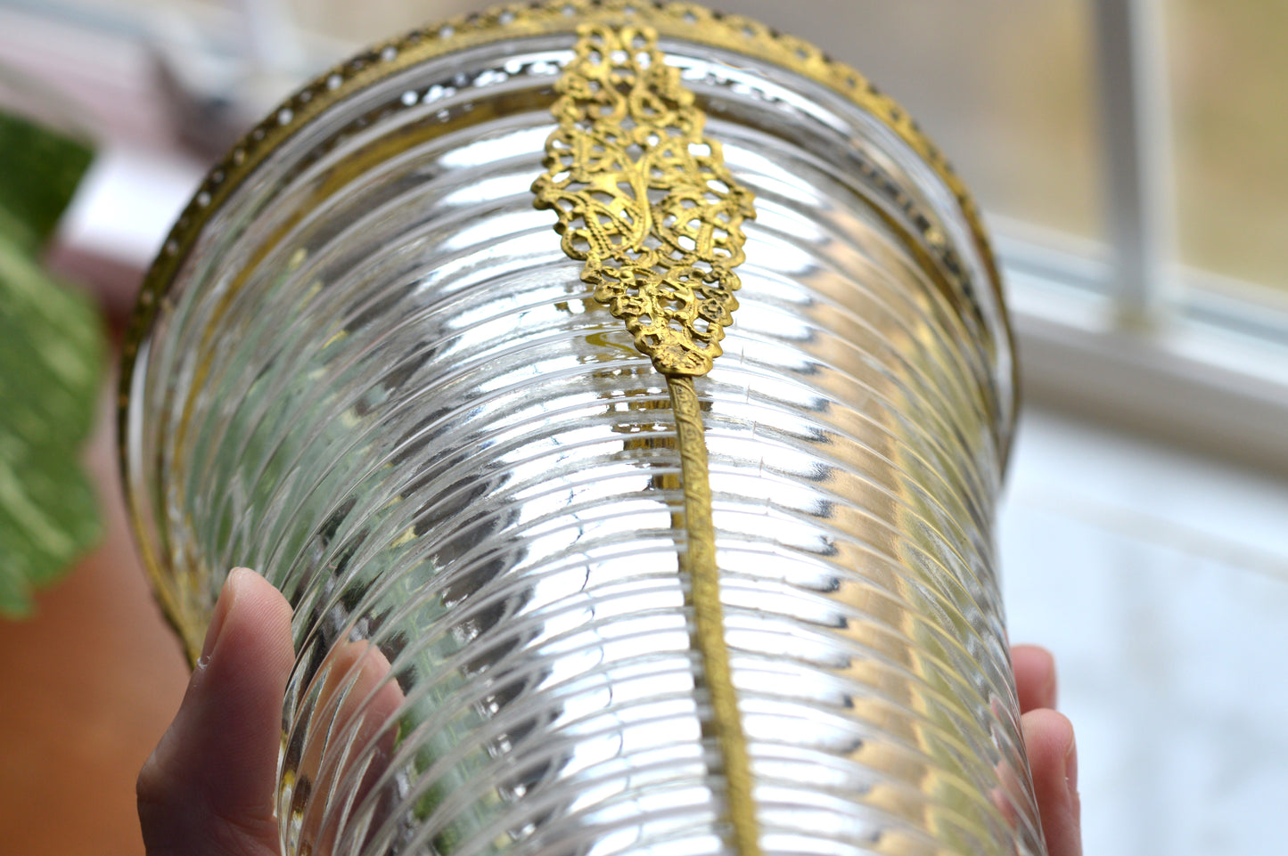 Vintage Anchor Hocking Manhattan Ribbed Glass Vase with Gold Filigree Accents - Art Deco Style