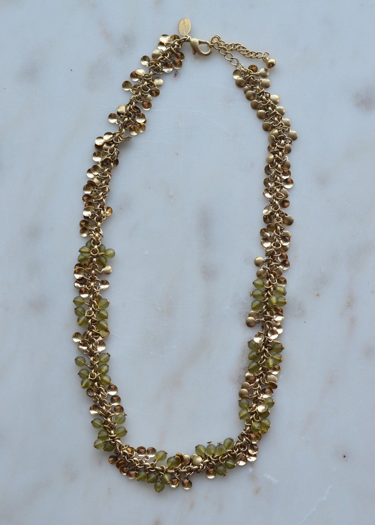 Vintage Signed Worthington Gold-Tone Beaded Cluster Necklace – Olive Green & Metallic Disc Fringe, 90s Statement Jewelry