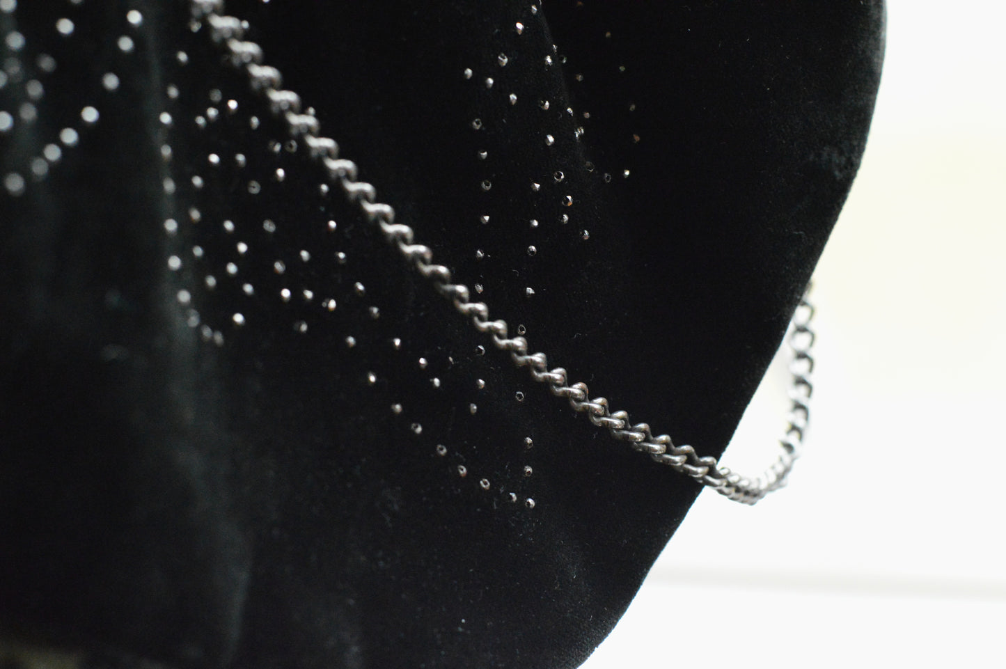 Vintage Black Velvet Beaded Evening Bag, Ornate Silver Tone Metal Frame Kiss Lock Purse, Victorian Style Art Nouveau Chain Strap Clutch