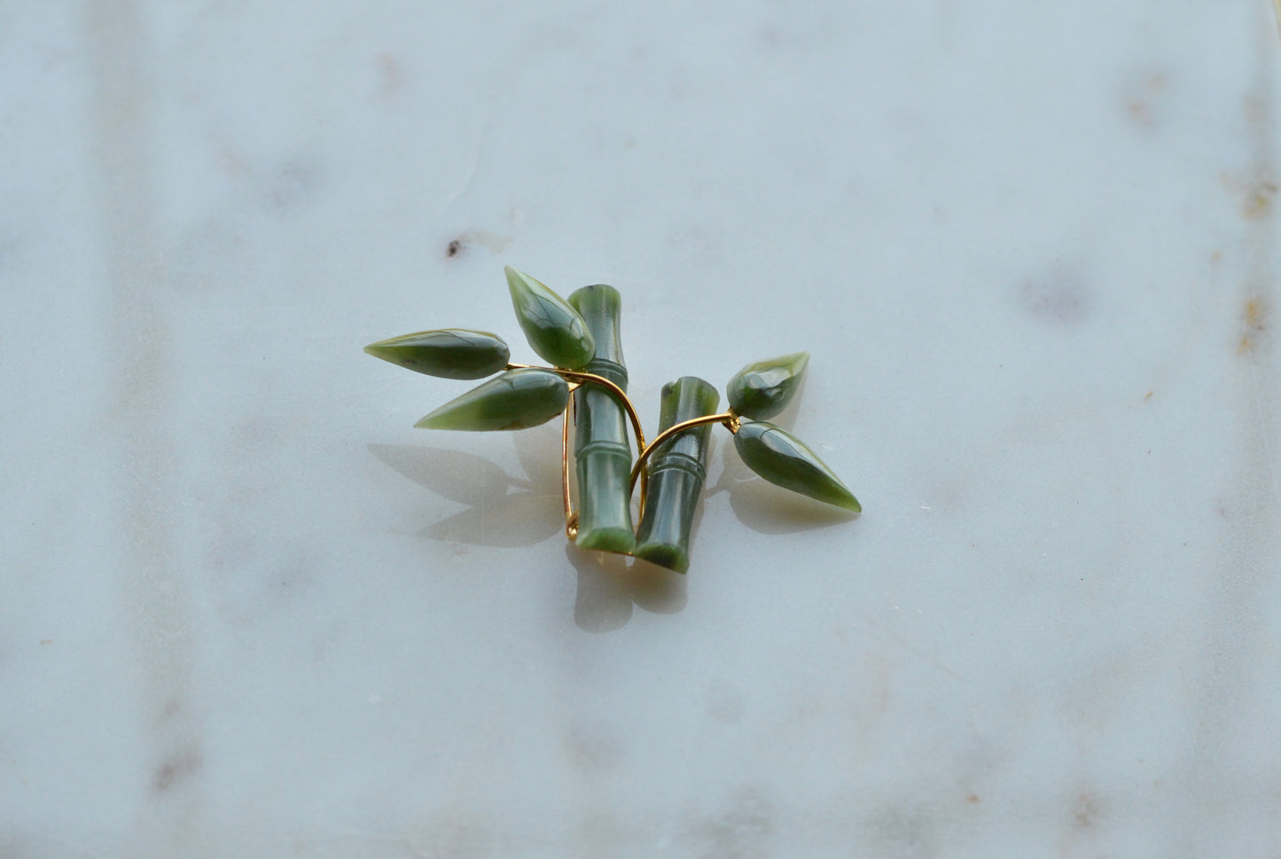 Vintage 1970s Carved Nephrite Jade Bamboo Brooch - Mid Century Style Pin in Original "Made in Taiwan ROC" Presentation Box