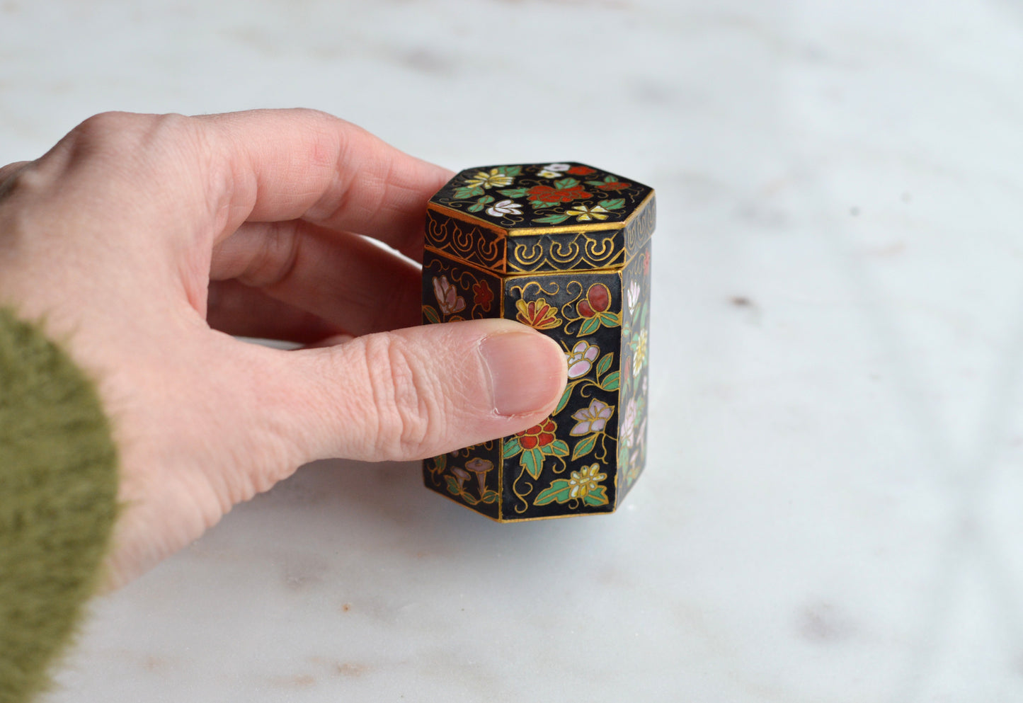Vintage Chinese Cloisonné Hexagonal Trinket Box – Mid-Century Black Enamel Floral Motif – Small Brass Lidded Match Holder or Pill Box (2” Tall)