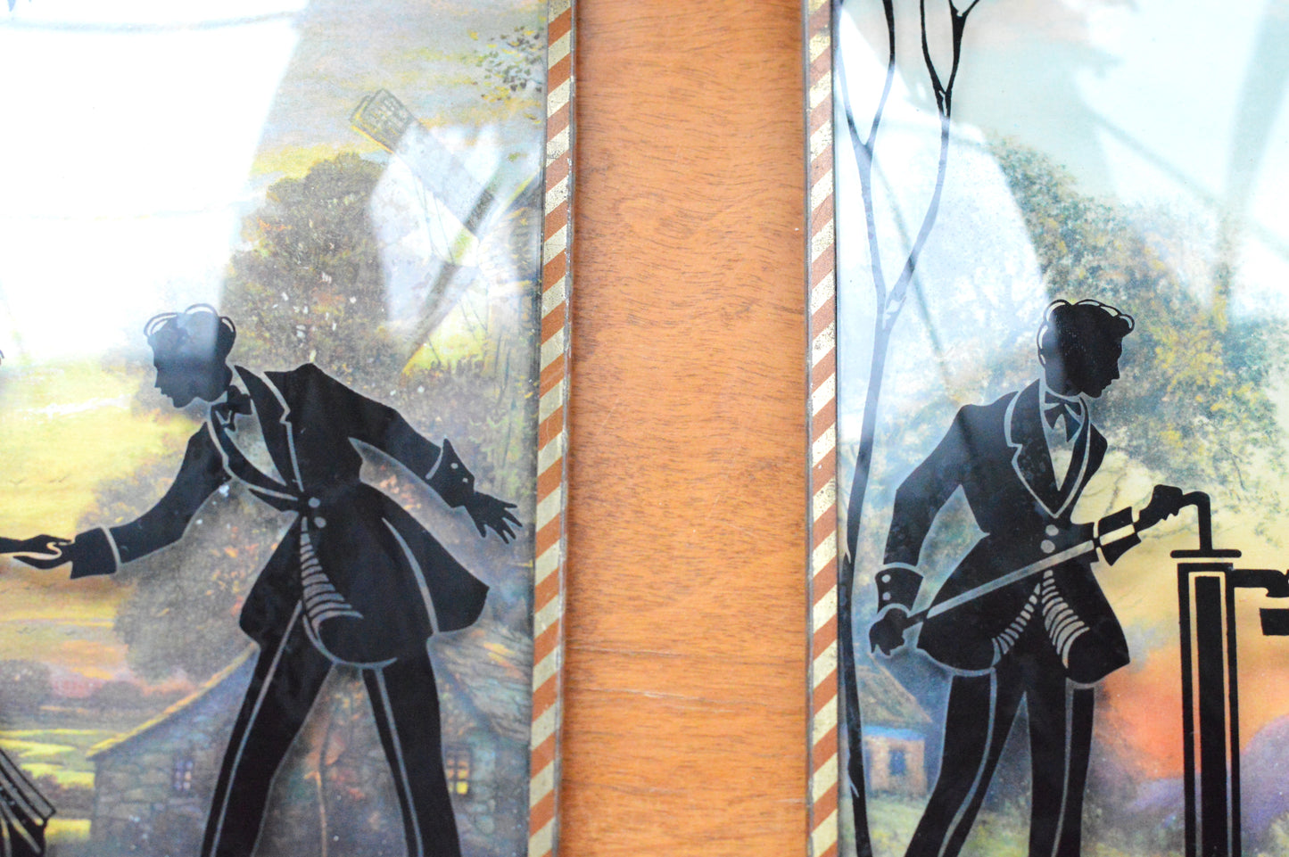 Vintage Pair of Reverse-Painted Glass Silhouettes - 6x8 Victorian Courting Scenes - Windmill Sunset & Water Pump - Striped Metal Frames