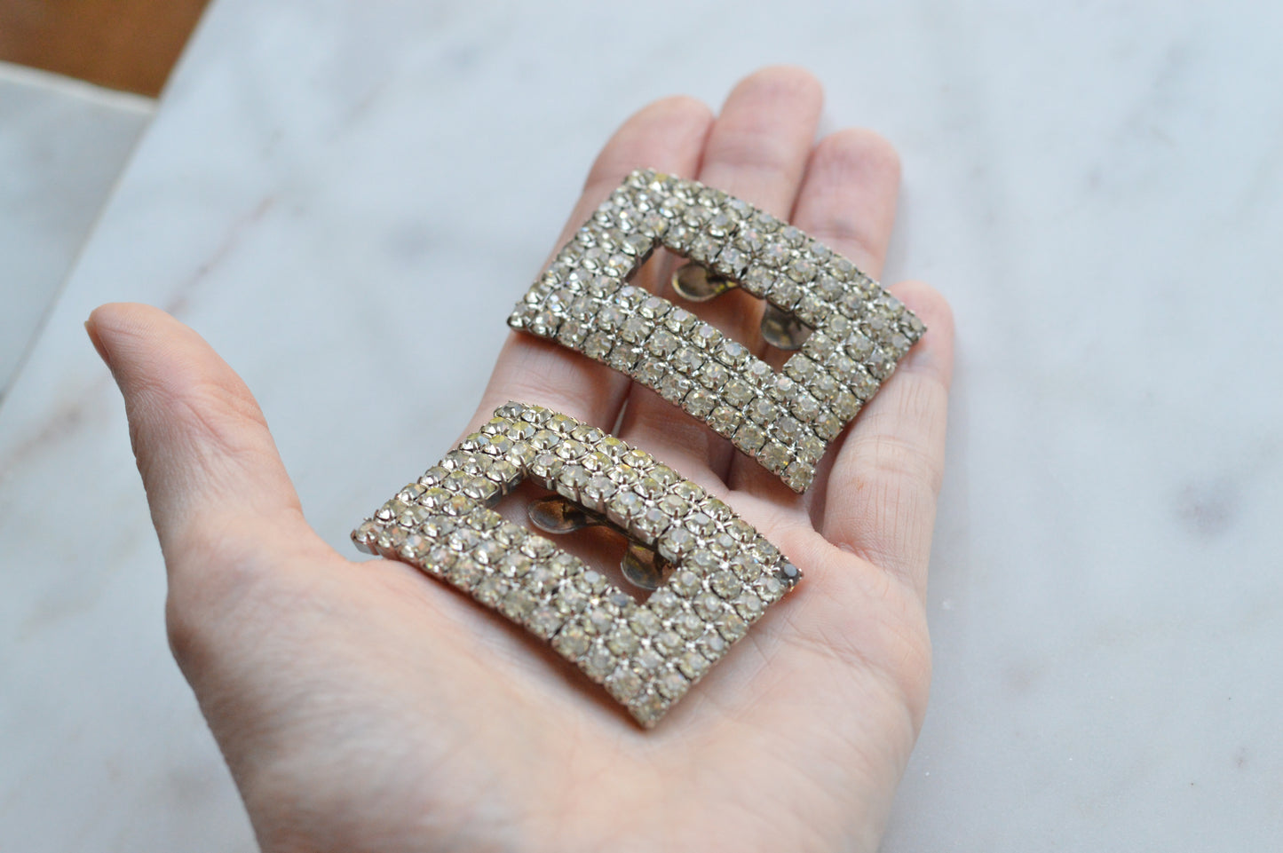 Signed MUSI Large Art Deco Rhinestone Shoe Clips – Clear Crystal Pavé Buckle Clips – Signed Mid Century Bridal or Evening Accessories
