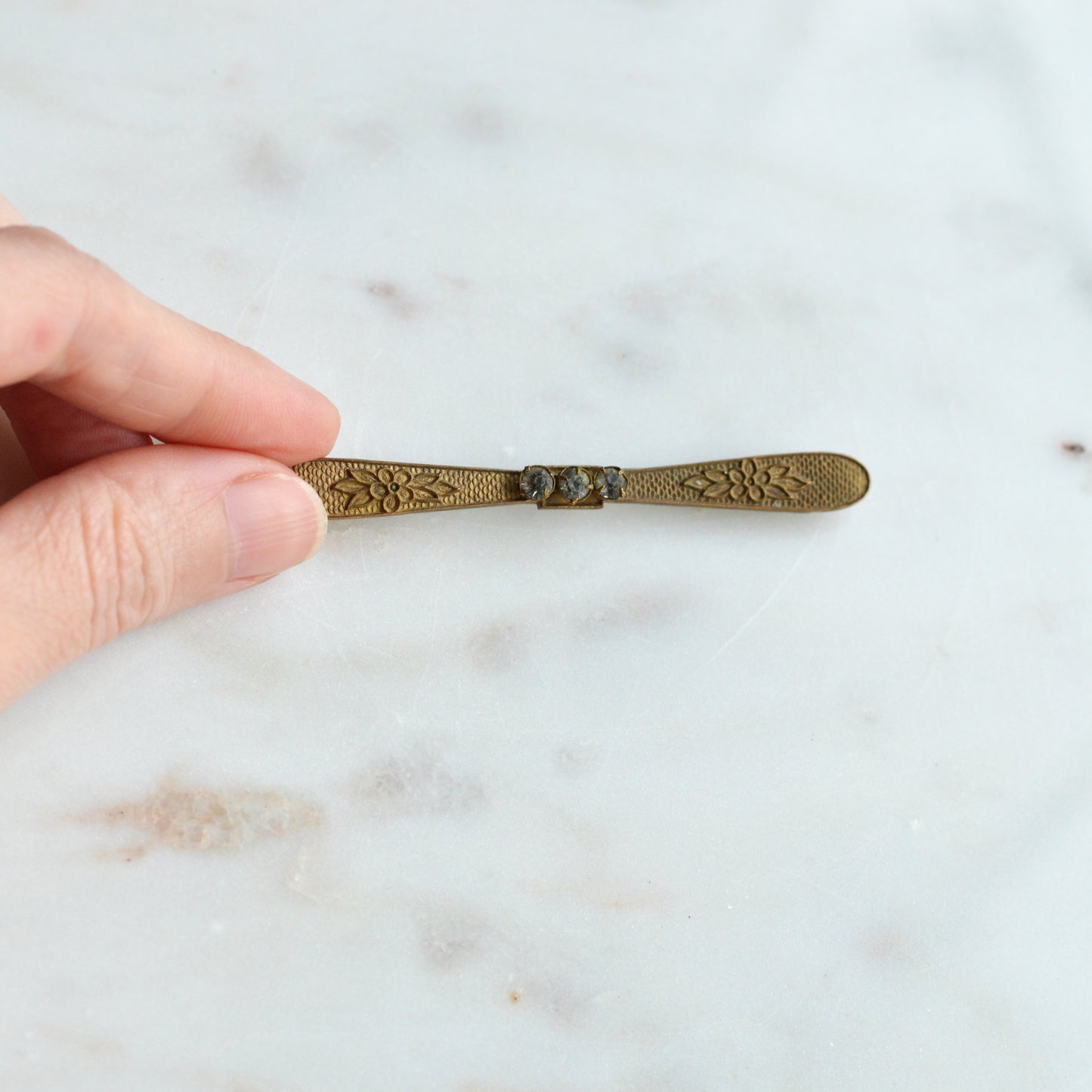 Antique Edwardian Gold Filled Bar Brooch | 3" Long Three Stone Crystal Pin | Victorian C-Clasp Hand-Engraved Floral | Estate Jewelry