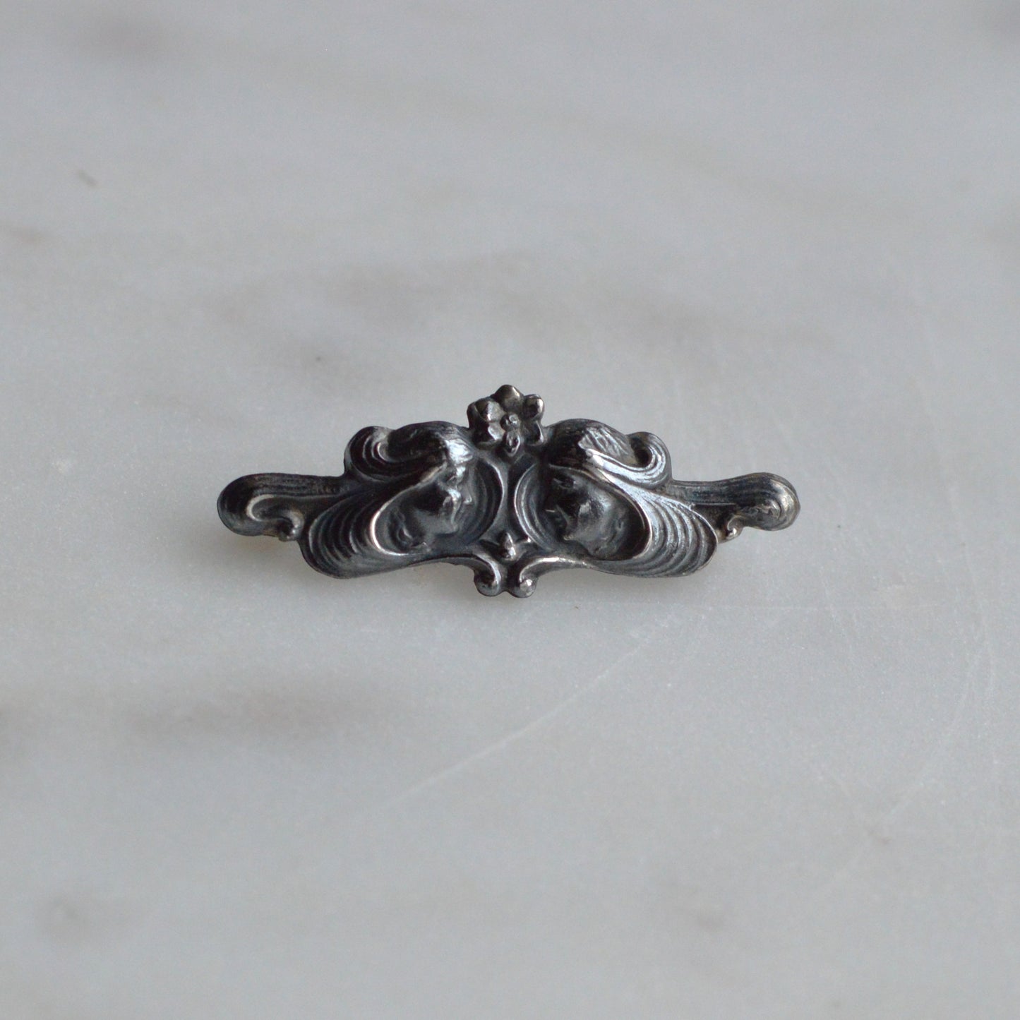 Antique Sterling Silver Art Nouveau Bar Pin | 1.5" High Relief Dual Profiles | Rare Jeweler's Safety Lever | c. 1900