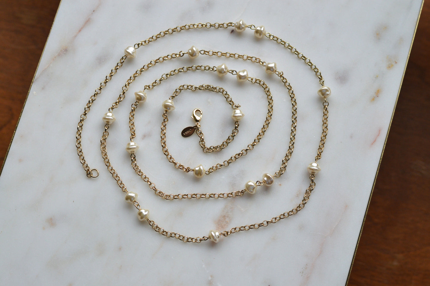 Vintage Extra Long 49.5" Pearl Station Necklace | Gold Tone Baroque Faux Pearl | 1970s 1980s Retro Sautoir | Versatile Statement Layering