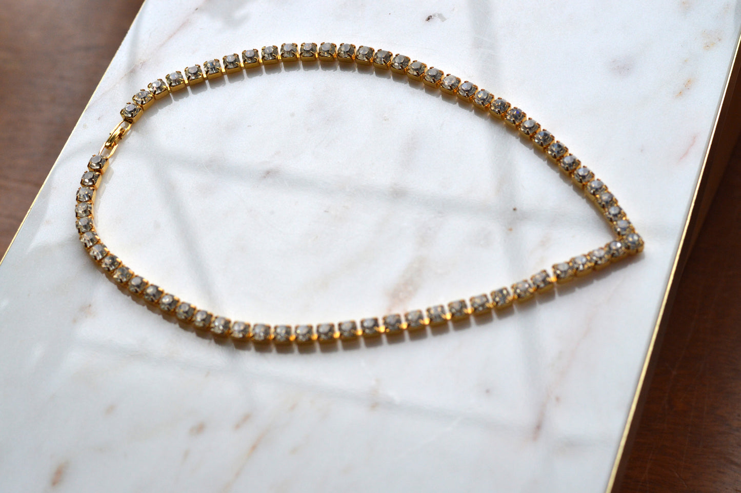 Vintage Chevron V-Shape Tennis Necklace | 18" Articulated Square Box Link | Gold Tone Rhinestone Collar | 80s Glam