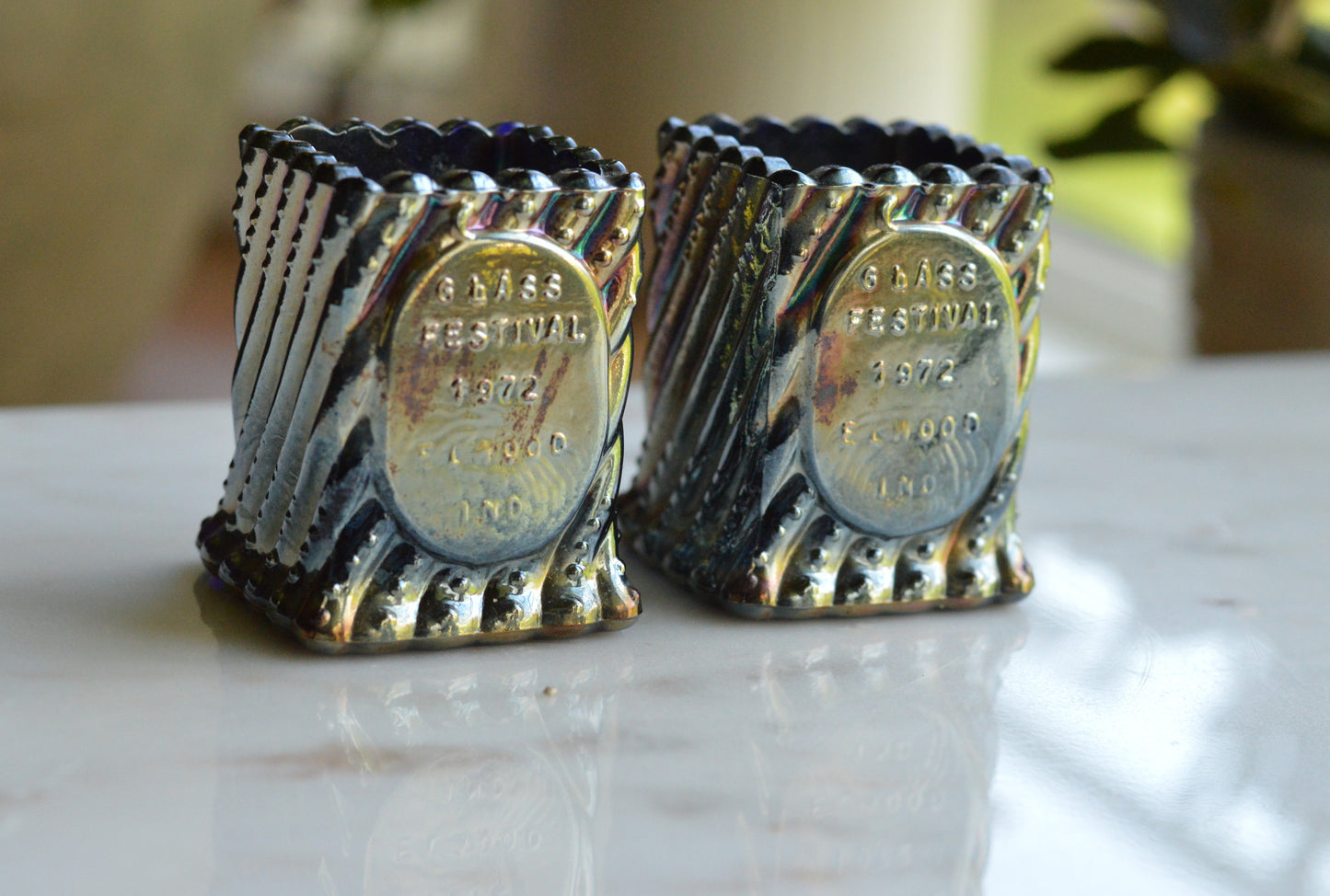 Vintage St. Clair Cobalt Carnival Glass Toothpick Holder Pair | 1972 Glass Festival Souvenir | High Iridescence Elwood IND