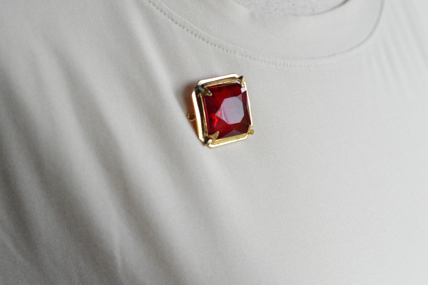 Antique Art Deco 1" Ruby Red Brooch | Large Emerald Cut Glass Stone | Ornate Open Back Gold Tone Statement Pin