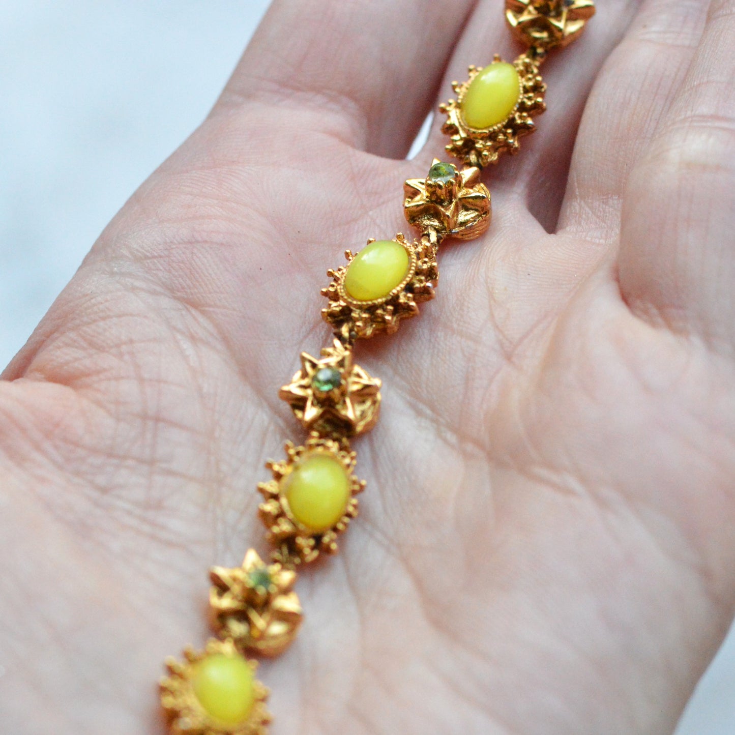 Vintage Signed LJM (Ledo) Etruscan Revival Yellow Cabochon Bracelet | 1950s Mid-Century Starburst & Green Rhinestone | Rare LJM 7” Designer Link