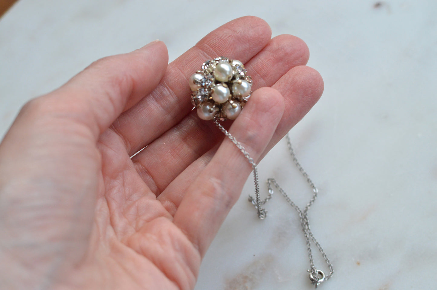 Vintage 1970's 1-Inch Pavé Pearl & Rhinestone Orb Statement Choker