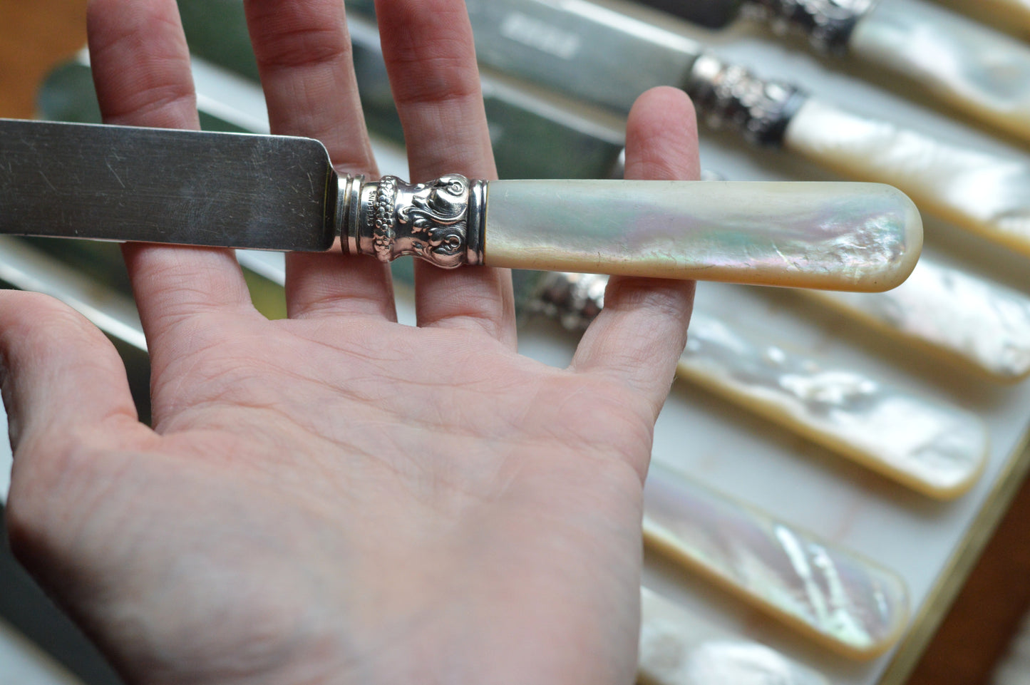 Antique Set of 12 Landers, Frary & Clark Mother of Pearl Dinner Knives