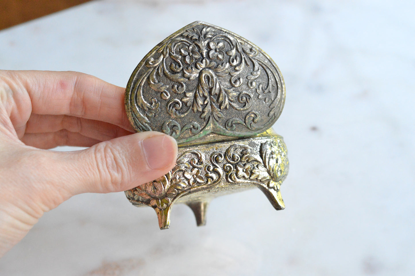 Vintage 1950s Japan Silver Plated Footed Heart Trinket Box 2.75x2" Rose Repousse
