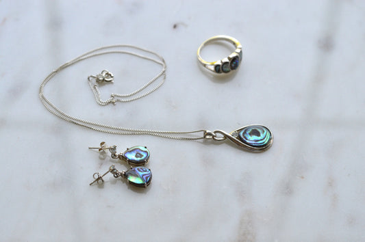 Vintage 925 Sterling Silver Teardrop Abalone Shell 3pc Set Ring 8 Necklace Earrings