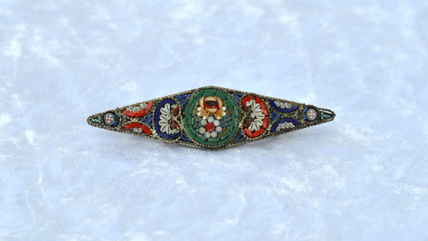 Antique 1920s Italian Micro Mosaic Marquise Bar Brooch Pin 2.75x0.75" C-Clasp Italy