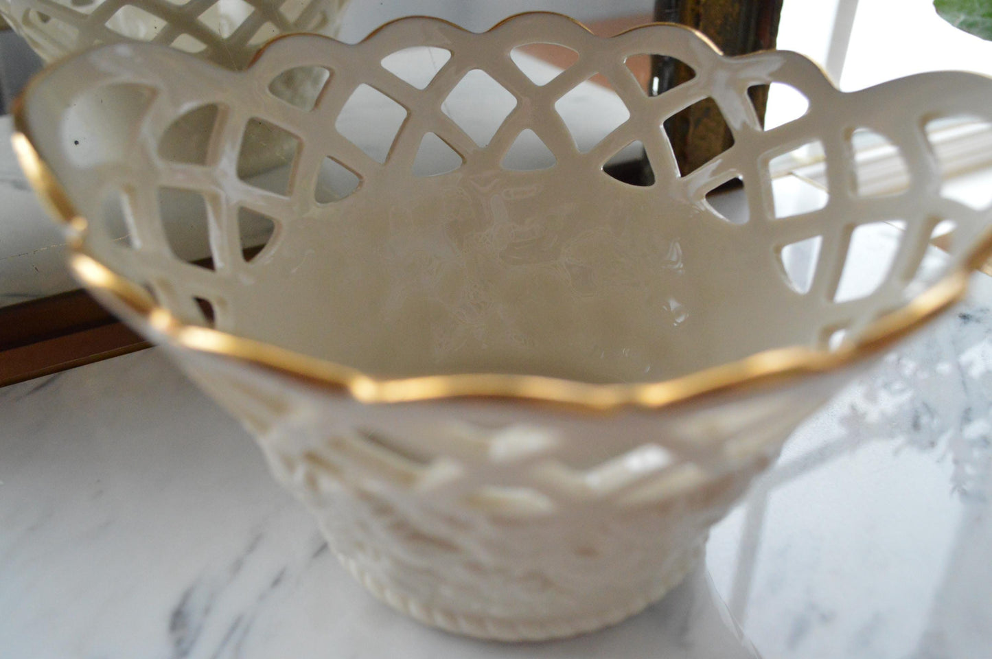 Vintage Lenox Golden Meadows Pierced Lattice Basket – Ivory Fine Bone China with 24K Gold Rim – 7" Floral Footed Bowl – Made in USA