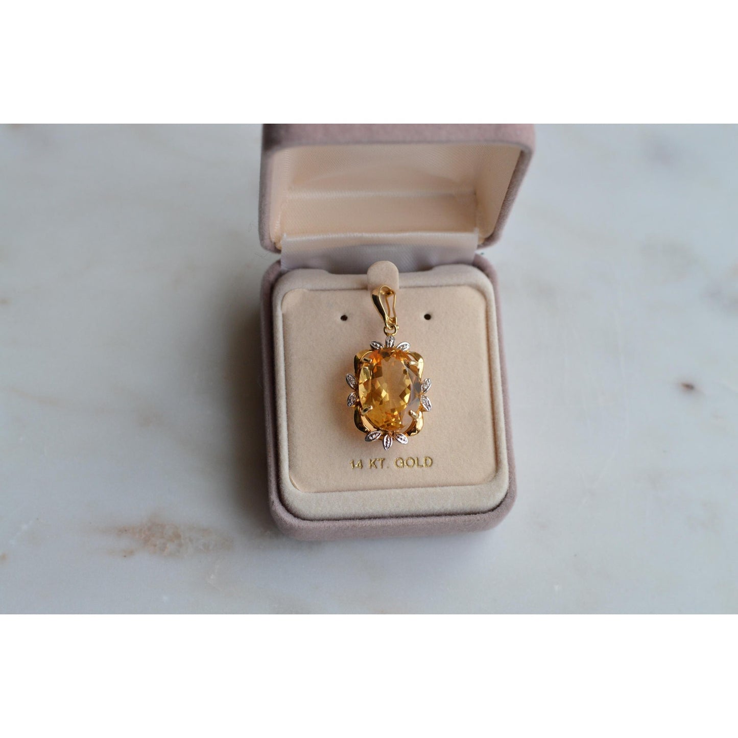 14K Gold Citrine Diamond Pendant – Mid-Century Floral Halo Estate Jewelry