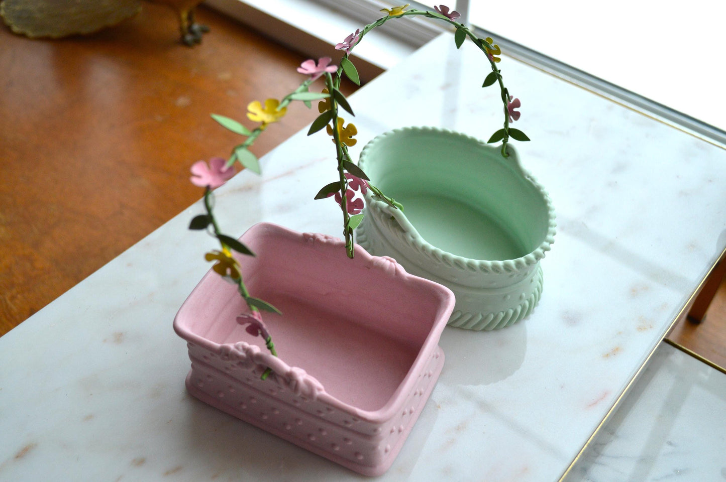 Vintage 1980's Department 56 Pink and Green Ceramic Baskets with Floral Metal Handle