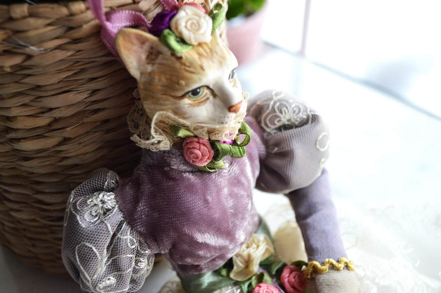 Vintage Katherine's Collection Victorian Cat Lavender and Lace with Rose Trim
