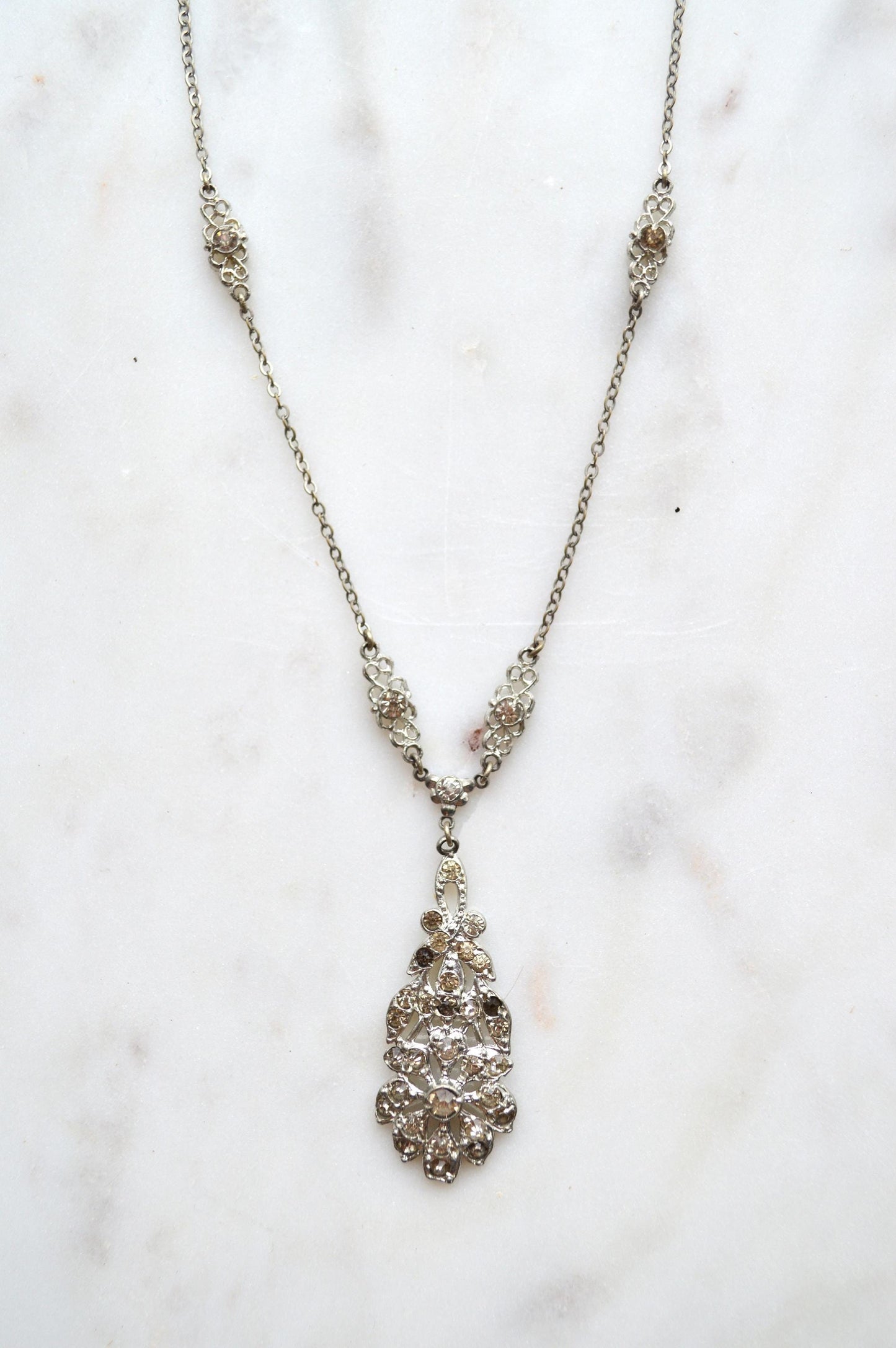 Vintage Art Deco Pot Metal Paste Rhinestone Festoon Drop Lavalier Necklace