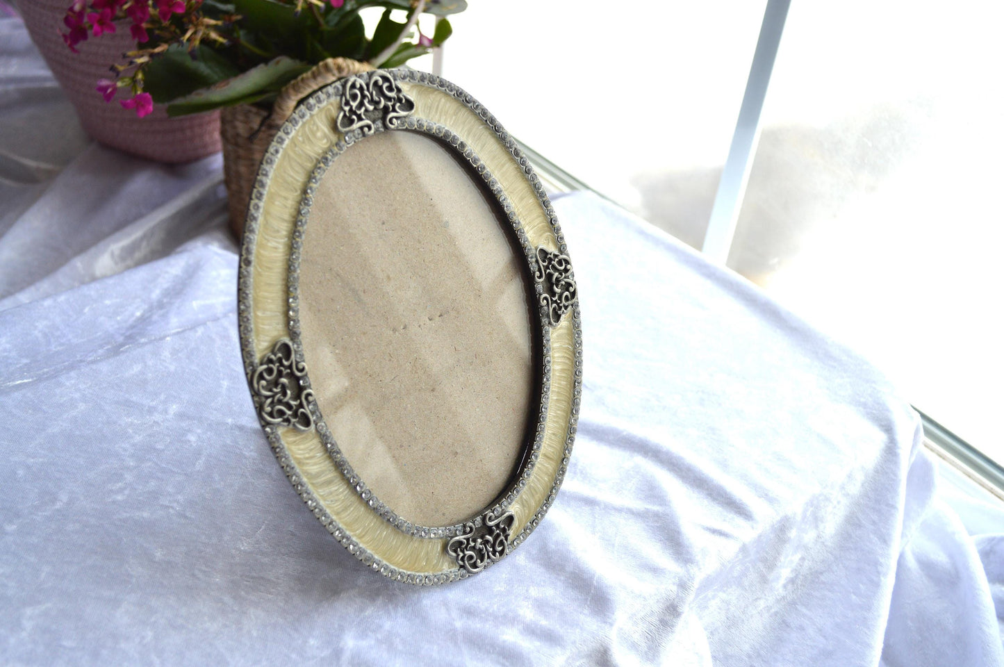 Victorian Style Vintage Silver & Cream Enamel Ornate Picture Frame with Rhinestone Accents.