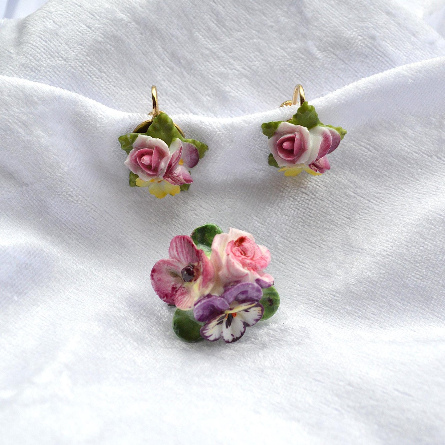 Vintage 1950s English Bone China Floral Brooch Earrings Set, Unsigned Pansy Rose
