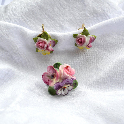 Vintage 1950s English Bone China Floral Brooch Earrings Set, Unsigned Pansy Rose