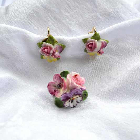 Vintage 1950s English Bone China Floral Brooch Earrings Set, Unsigned Pansy Rose
