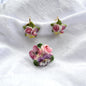 Vintage 1950s English Bone China Floral Brooch Earrings Set, Unsigned Pansy Rose