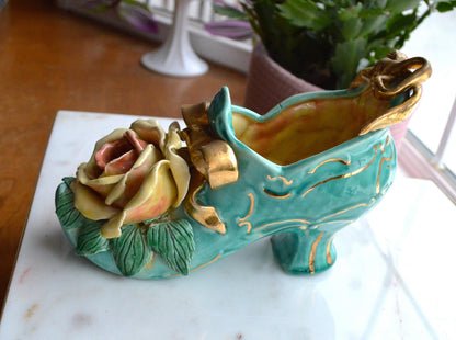 Vintage Signed Barbara McCorkle Ceramic Shoe Planter As-Is Turquoise Rose 7", Flawed
