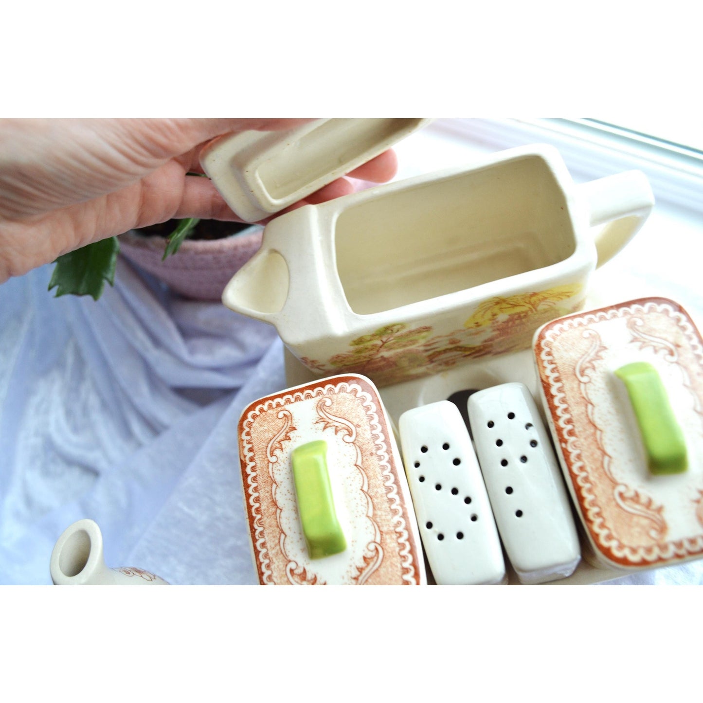 Vintage Brown & Richie "Oriental Gardens" Ceramic Tea and Condiment Caddy Set